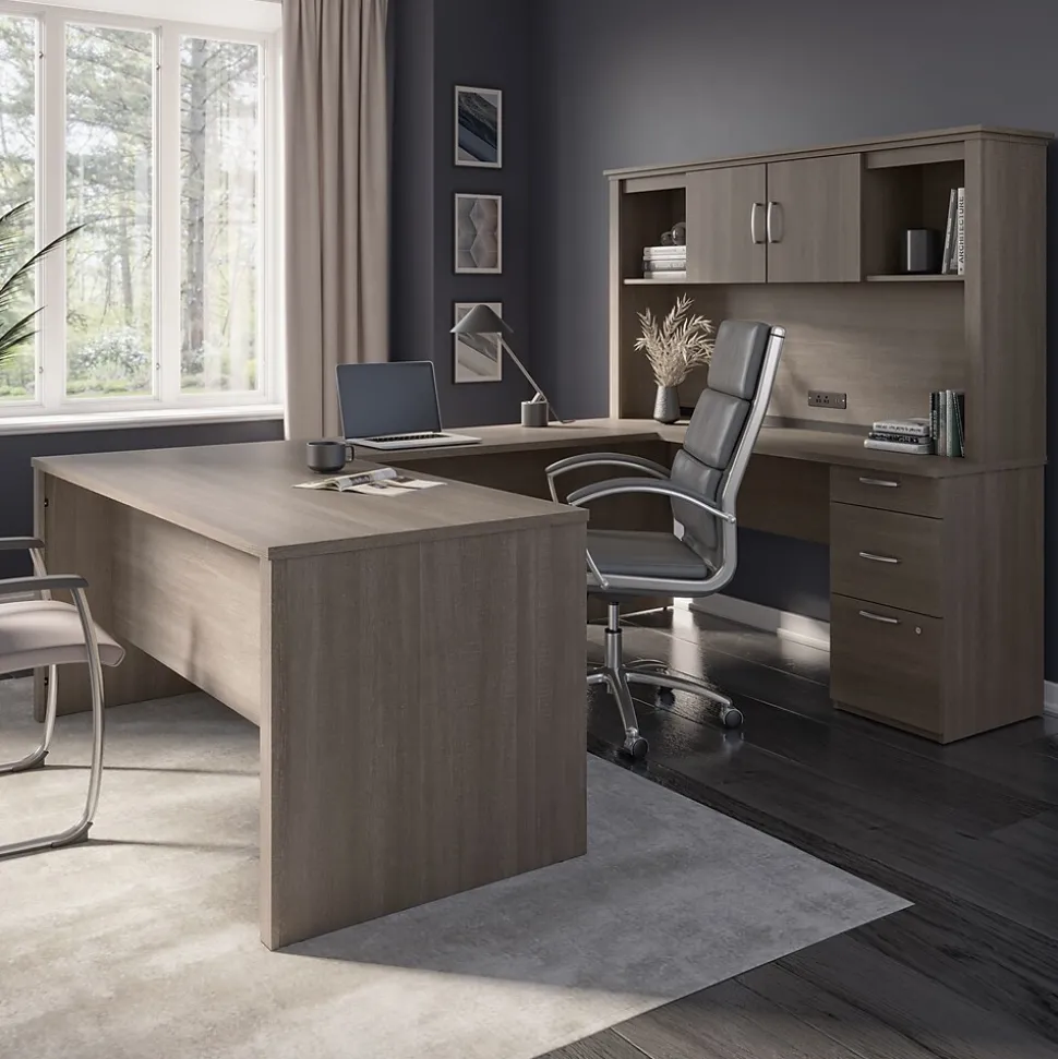 Bestar Logan 66"W U or L-Shaped Executive Office Desk with Pedestal and Hutch, Bark Grey (46410-47)