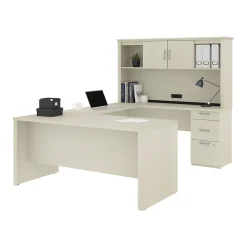 Bestar Logan 66"W U or L-Shaped Executive Office Desk with Pedestal and Hutch, White Chocolate (46410-31)