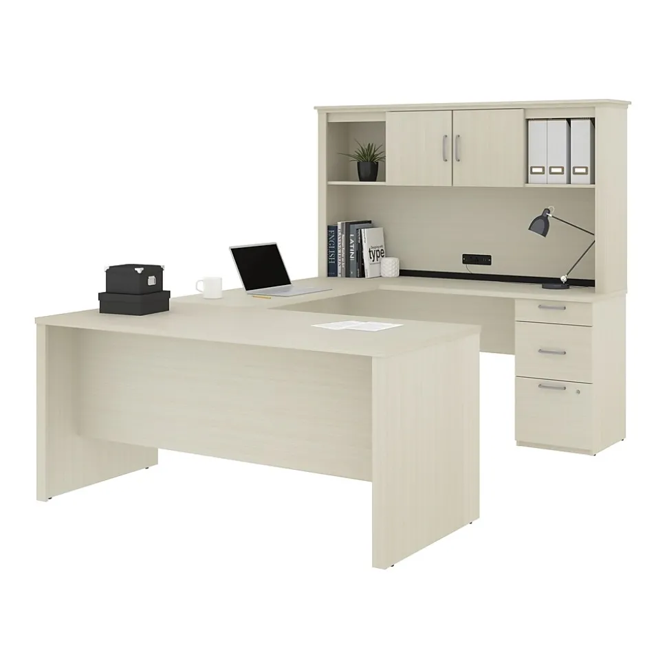Bestar Logan 66"W U or L-Shaped Executive Office Desk with Pedestal and Hutch, White Chocolate (46410-31)