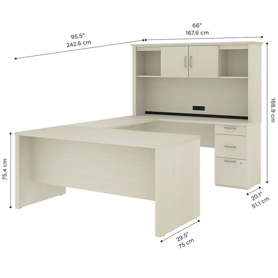 Bestar Logan 66"W U or L-Shaped Executive Office Desk with Pedestal and Hutch, White Chocolate (46410-31)