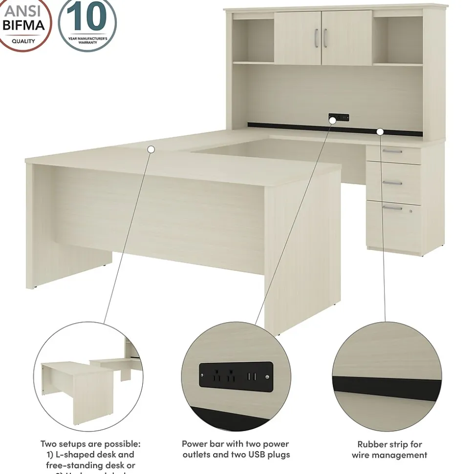 Bestar Logan 66"W U or L-Shaped Executive Office Desk with Pedestal and Hutch, White Chocolate (46410-31)