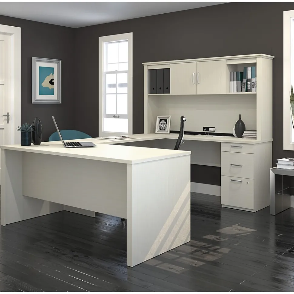 Bestar Logan 66"W U or L-Shaped Executive Office Desk with Pedestal and Hutch, White Chocolate (46410-31)