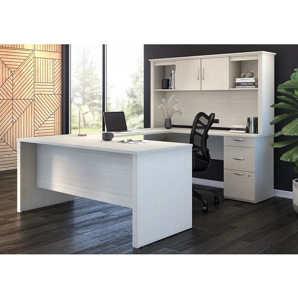 Bestar Logan 66"W U or L-Shaped Executive Office Desk with Pedestal and Hutch, White Chocolate (46410-31)