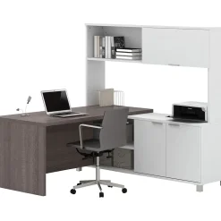 Bestar Pro-Linea L-Desk with Hutch, White/Bark Grey (120884-47)