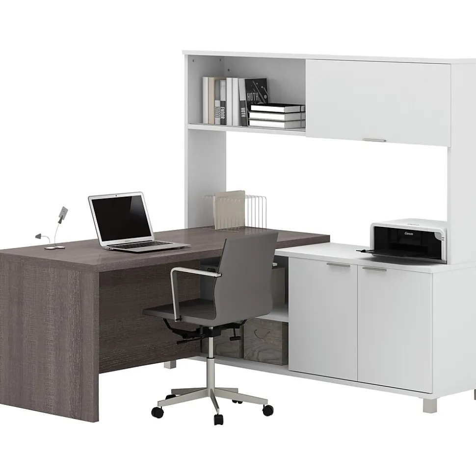 Bestar Pro-Linea L-Desk with Hutch, White/Bark Grey (120884-47)