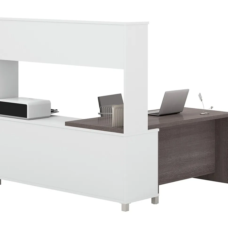 Bestar Pro-Linea L-Desk with Hutch, White/Bark Grey (120884-47)