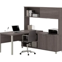 Bestar Pro-Linea L-Desk with Hutch, Bark Grey (120864-47)
