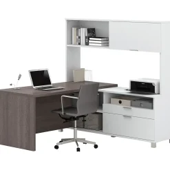 Bestar Pro-Linea 71"W L-Desk with Hutch, White & Bark Grey (120882-47)