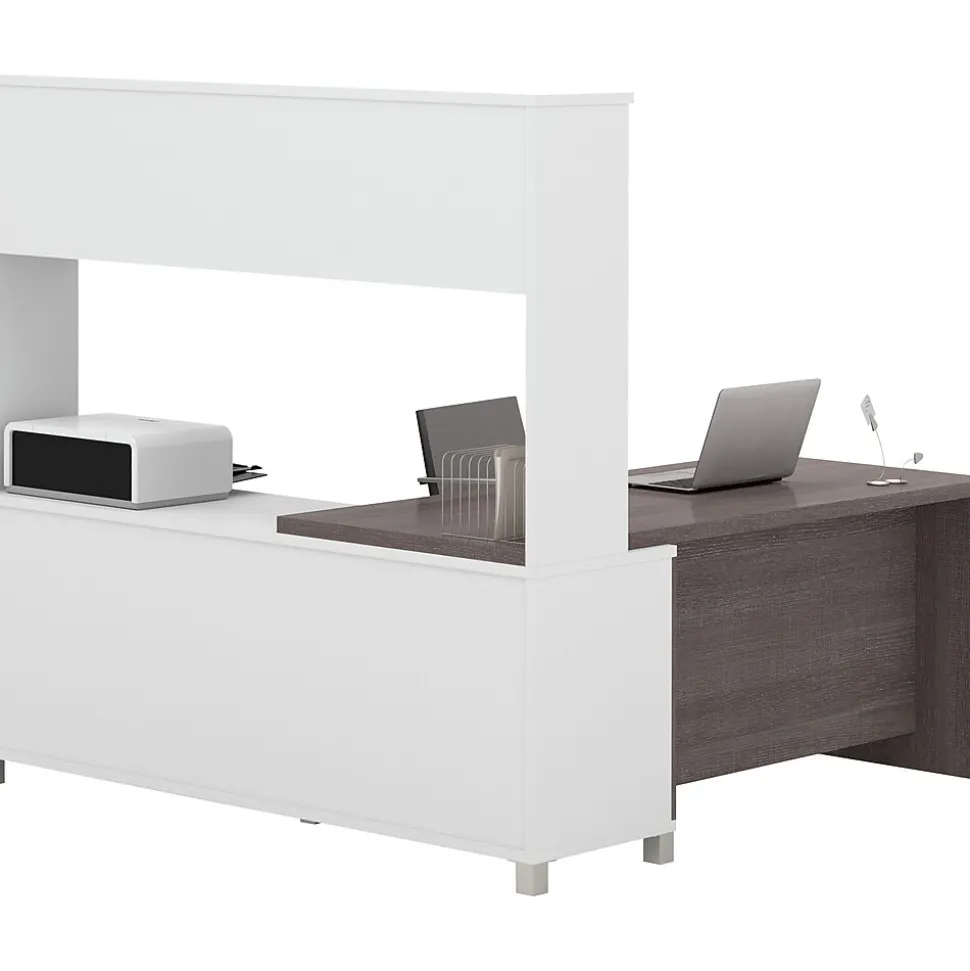 Bestar Pro-Linea 71"W L-Desk with Hutch, White & Bark Grey (120882-47)