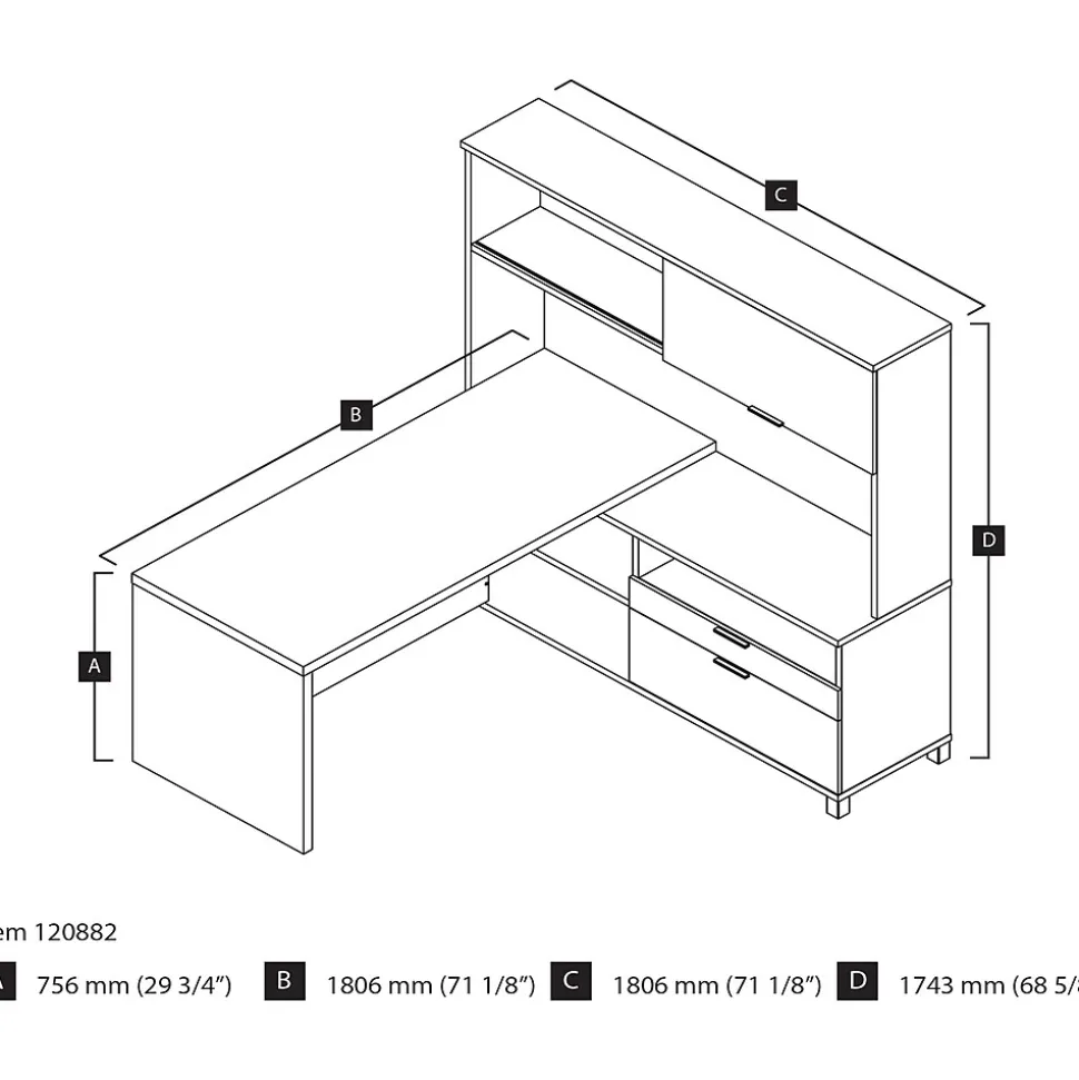 Bestar Pro-Linea 71"W L-Desk with Hutch, White & Bark Grey (120882-47)