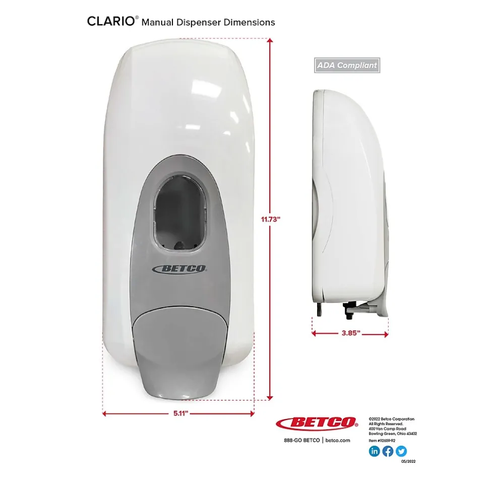 Betco Clario Universal 91819-00 Wall Mounted Hand Soap/Hand Sanitizer Dispenser, White (9181900)