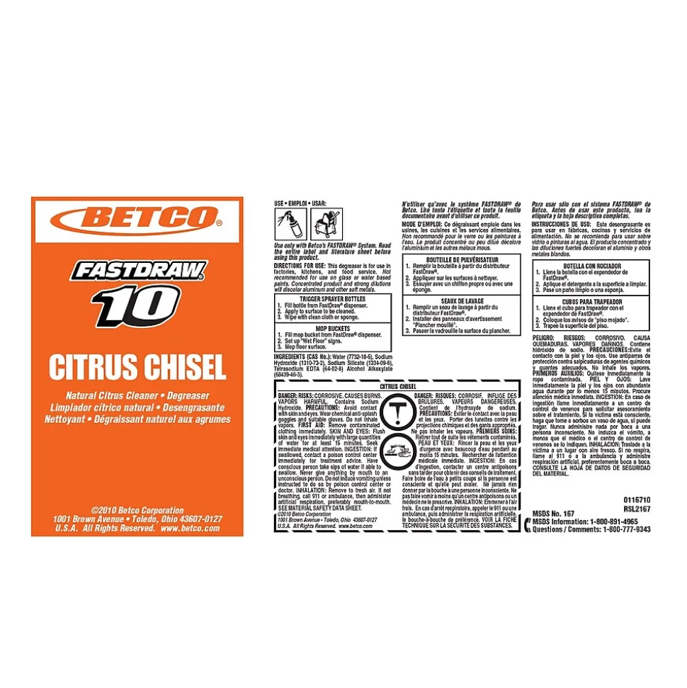 Betco Fastdraw 10 Citrus Chisel Cleaner/Degreaser, Citrus Scent, 67.6 oz., 4/Carton (BET1674700)