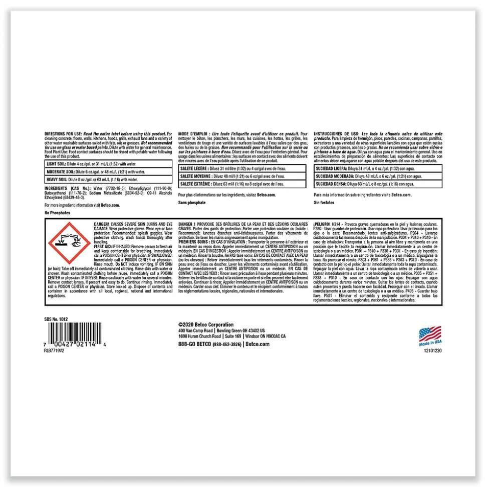 Betco Kitchen Degreaser, Characteristic Scent, 1 Gal. Bottle, 4/Carton (BET10120400)