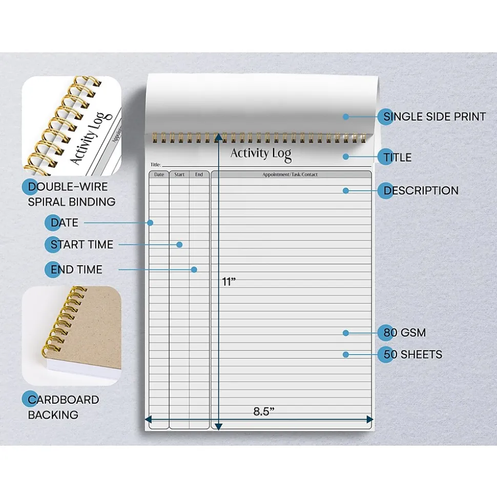 Better Office Activity Log Notepad, 8.5" x 11", Project-Ruled, White/Black, 50 Sheets/Pad (25826)