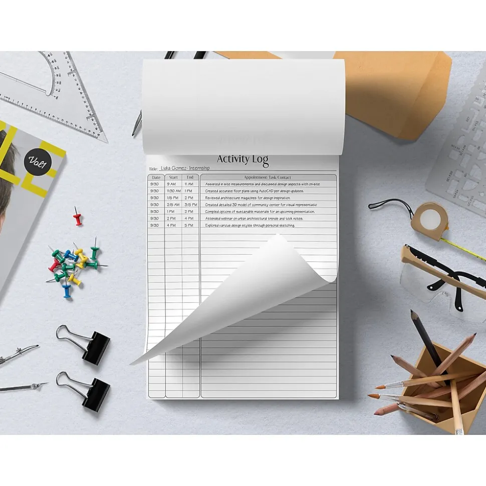 Better Office Activity Log Notepad, 8.5" x 11", Project-Ruled, White/Black, 50 Sheets/Pad (25836)