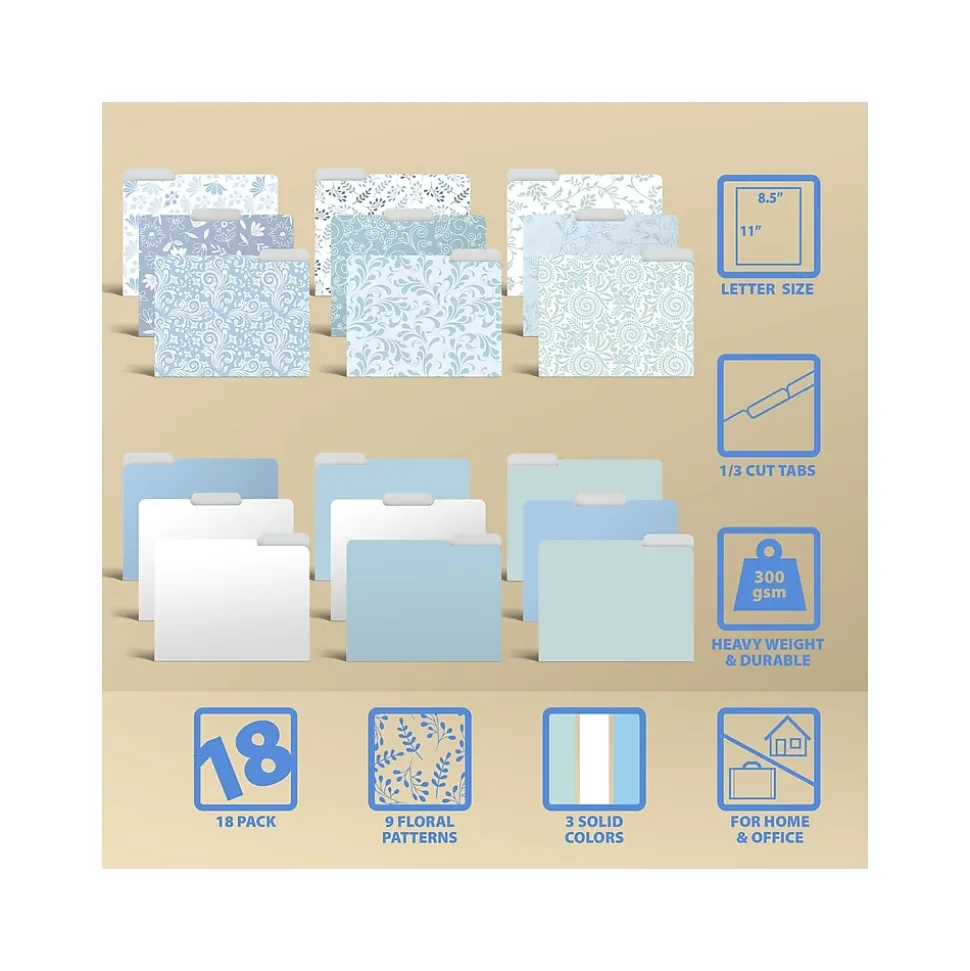 Better Office Floral & Paisley Heavy-Duty File Folders, 1/3-Cut Tab, Letter Size, Paper Stock, 18/Pack (80032-18PK0)