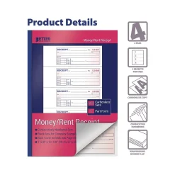Better Office 2-Part Carbonless Money/Rent Receipt Book, 7.63" x 10.88", 200 Sets/Book, 4 Books/Pack (66204-4PK)