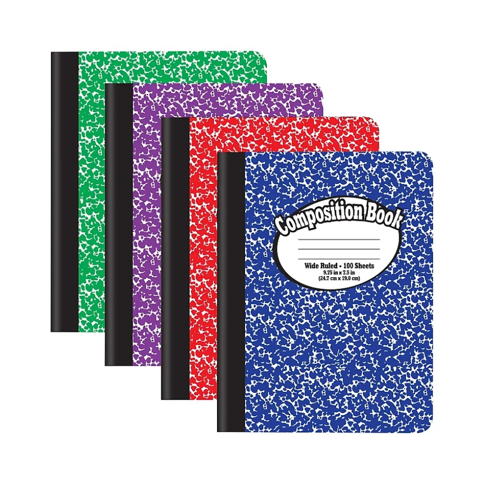 Better Office 1-Subject Composition Notebooks, 7.5" x 9.75", Wide Ruled, 100 Sheets, Assorted Colors, 4/Pack (25204-4PK)