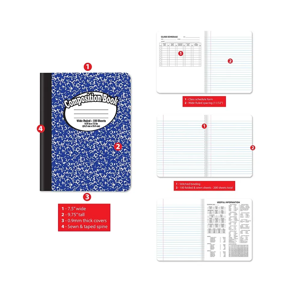 Better Office 1-Subject Composition Notebooks, 7.5" x 9.75", Wide Ruled, 100 Sheets, Assorted Colors, 4/Pack (25204-4PK)