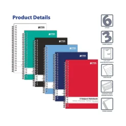 Better Office 3-Subject Notebooks, 5.5" x 9.5", Wide Ruled, 150 Sheets, 6/Pack (25646-6PK)