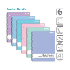Better Office 1-Subject Notebooks, 8" x 10.5", College Ruled, 70 Sheets, 6/Pack (25726-6PK)