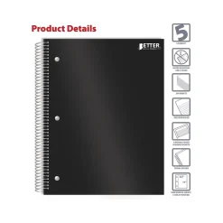 Better Office 5-Subject Subject Notebooks, 8.5" x 11", College Ruled, 200 Sheets, Black (25781)