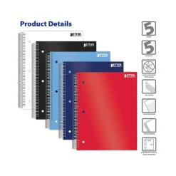 Better Office 5-Subject Subject Notebooks, 8.5" x 11", College Ruled, 200 Sheets, 5/Pack (25785-5PK)