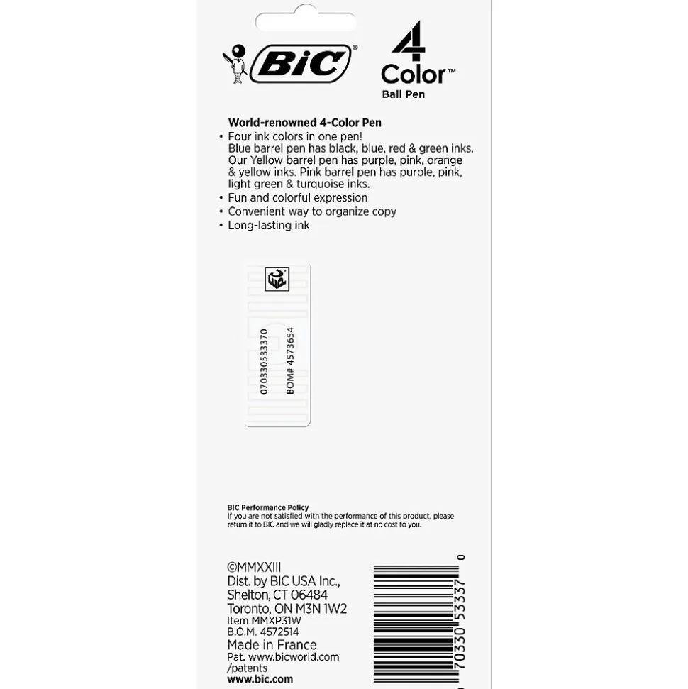 BIC 4-Color Retractable Ballpoint Pen, Medium Point, Assorted Inks, 3/Pack (MMXP31-AST)