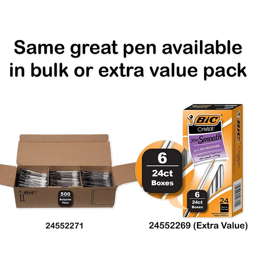BIC Cristal Xtra Smooth Ballpoint Penss, Medium Point, 0.1mm, Black Ink, Dozen (MS11BK)