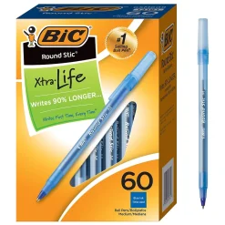 BIC Round Stic Xtra Life Ballpoint Pens, Medium Point, 1.0mm, Blue Ink, 60/Pack (GSM609BE)