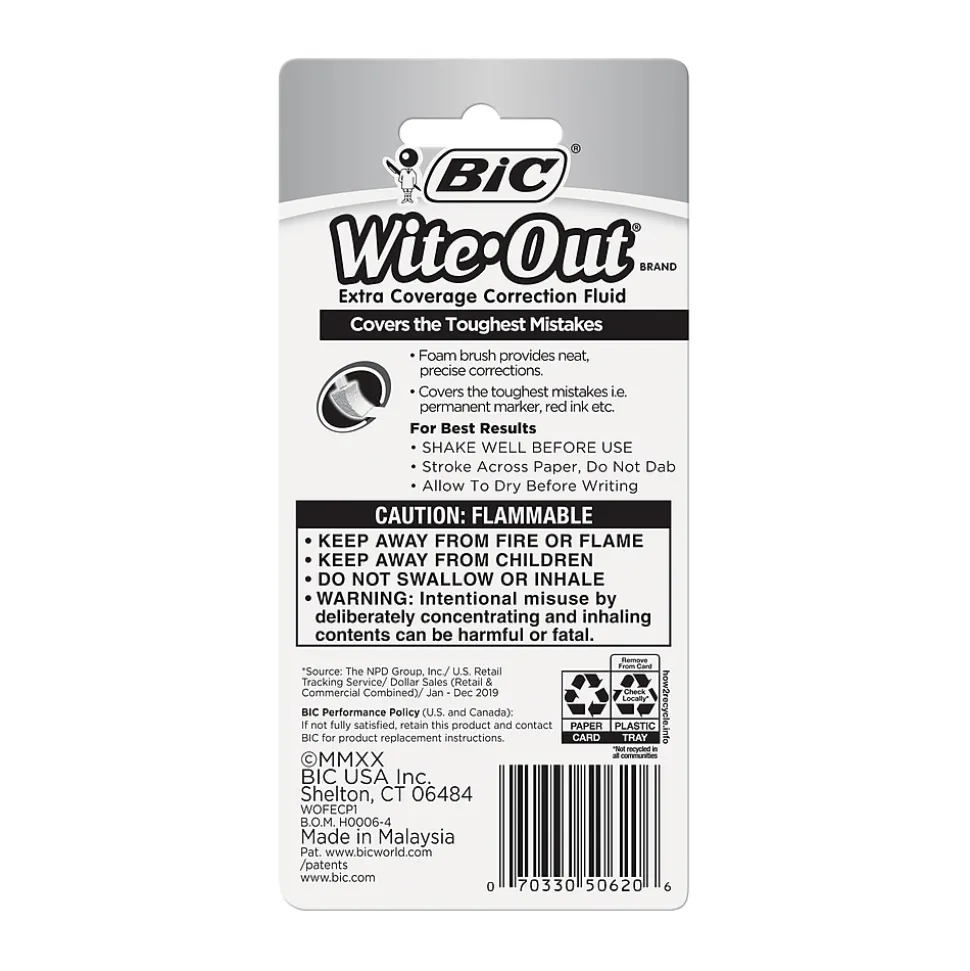 BIC Wite-Out Extra Coverage Correction Fluid, 20 ml., White (50624/WOFEC12)
