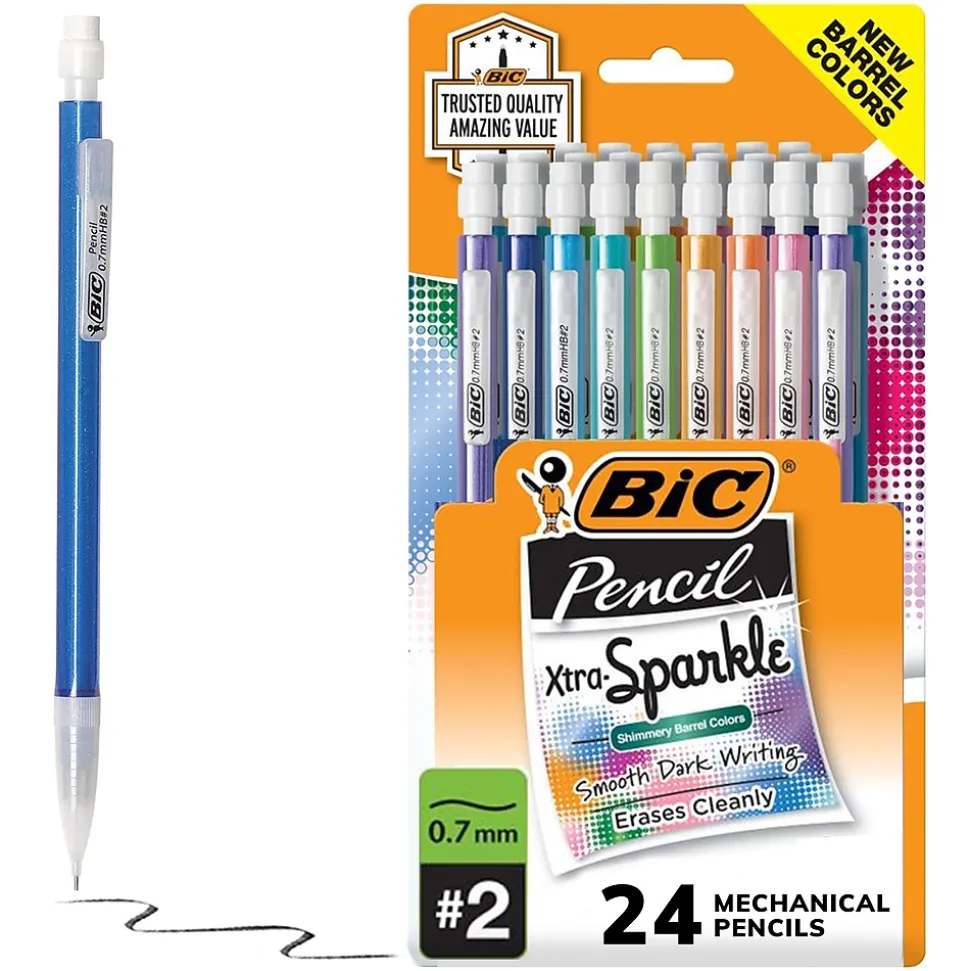 BIC Xtra Sparkle Mechanical Pencils, 0.7mm, #2 Hard Lead, 24/Pack (MPLP241-BLK)