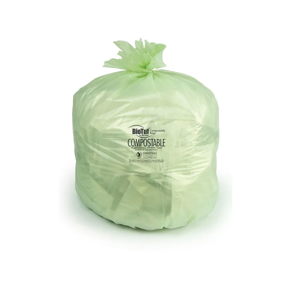 BioTuf 60-64 Gallon Compostable Industrial Trash Bag, 47" x 60", Low Density, 0.8 Mil, Green, 125 Bags/Box, 5 Rolls