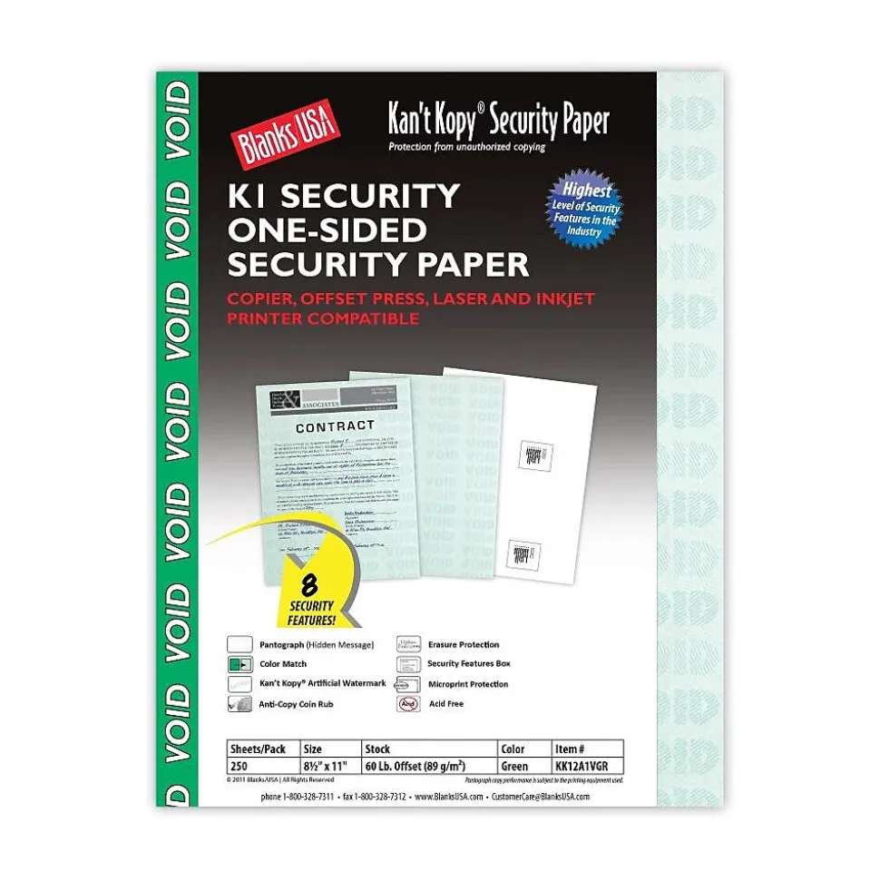 Blanks USA Kan't Kopy 8.5" x 11" Security Paper, 60 lbs., Green, 250 Sheets/Pack (KK12A1VGR)