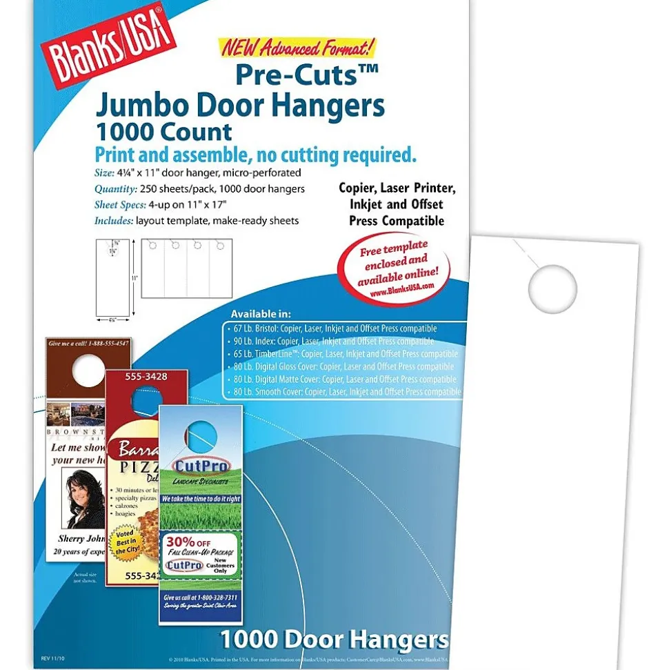 Blanks/USA® 4 1/4" x 11" 67 lbs. Digital Bristol Cover Door Hanger, White, 250/Pack, 1000 Pieces
