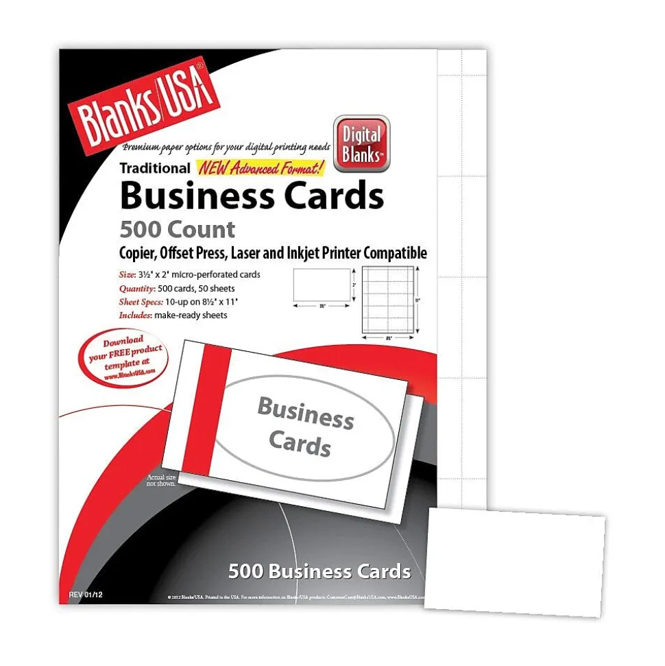 Blanks/USA® 3 1/2" x 2" 80 lbs. Micro-Perforated Smooth Business Card, White, 500/Pack