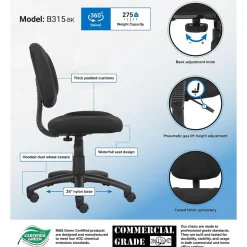 Boss Armless Ergonomic Fabric Swivel Task Chair, Black (B315-BK)