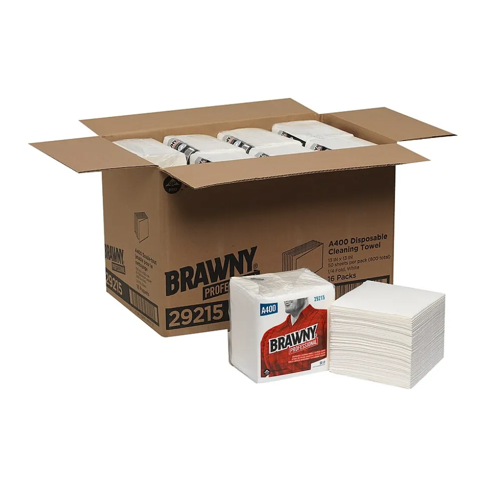 Brawny Professional A400 Cellulose Cleaning Wipers, 13" x 13", White, 800 Wipers/Box, 16/Carton (29215)