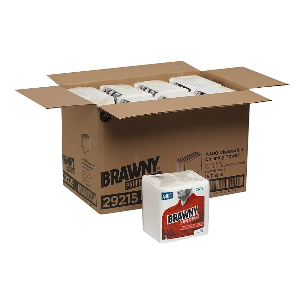 Brawny Professional A400 Cellulose Cleaning Wipers, 13" x 13", White, 800 Wipers/Box, 16/Carton (29215)