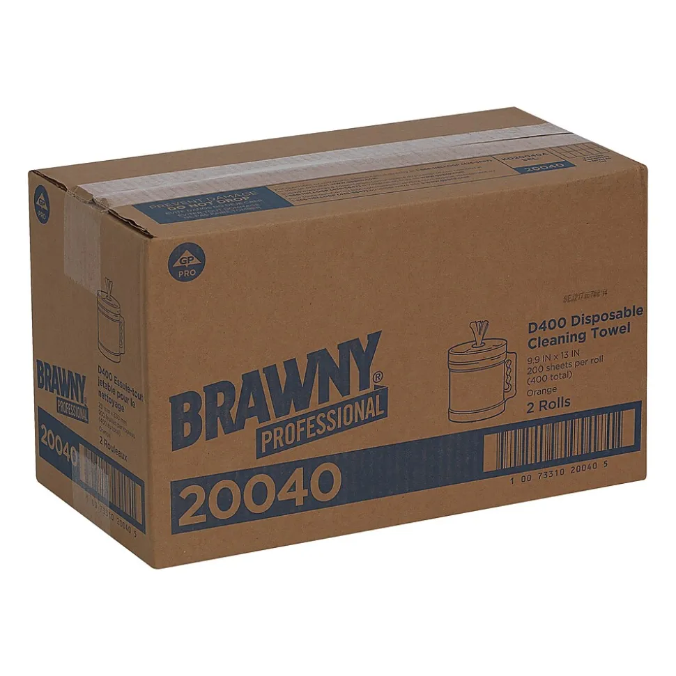 Brawny Professional D400 Durable Fibers Cleaning Wipers, 13" x 9.9", Orange, 200 Sheets/Roll, 200 Wipers/Box (20040)