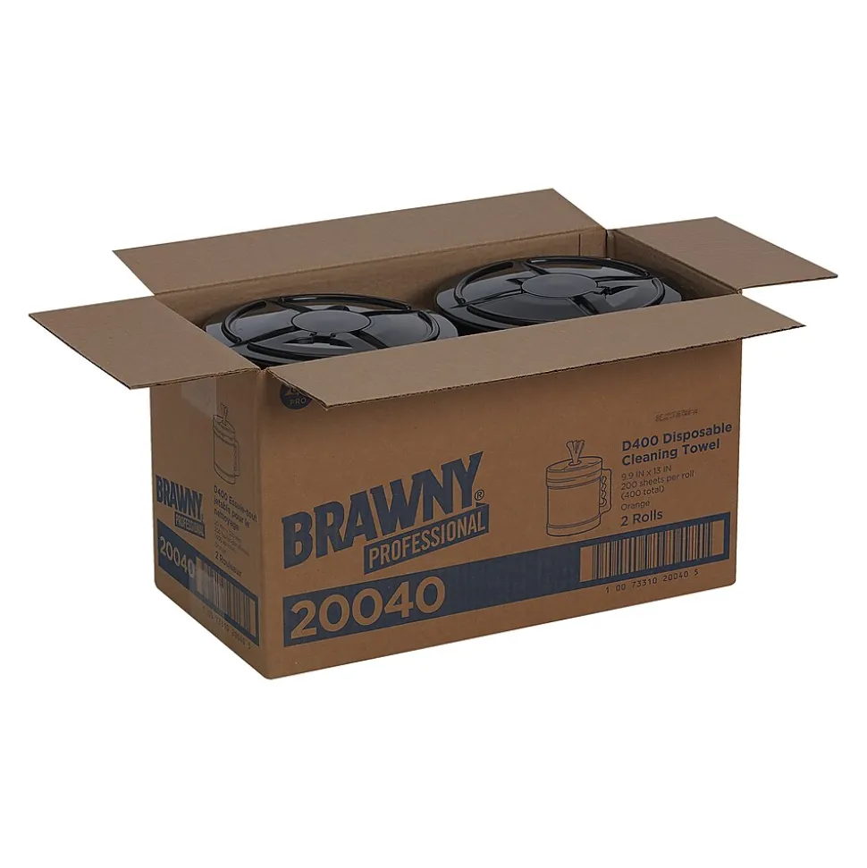 Brawny Professional D400 Durable Fibers Cleaning Wipers, 13" x 9.9", Orange, 200 Sheets/Roll, 200 Wipers/Box (20040)