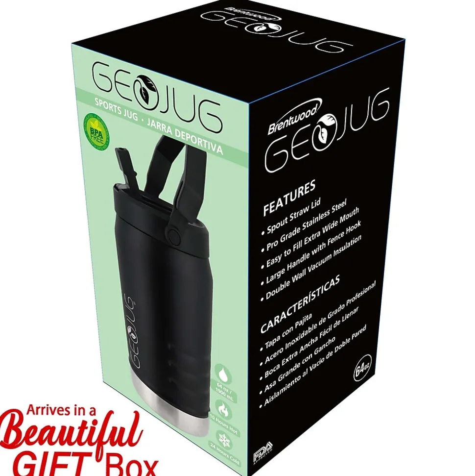 Brentwood Geojug Stainless Steel Double Walled Sports Water Jug, 64 oz., Black (G-1900BK)