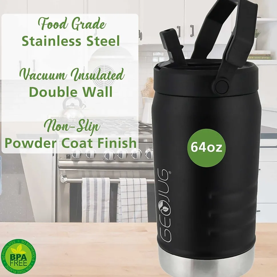 Brentwood Geojug Stainless Steel Double Walled Sports Water Jug, 64 oz., Black (G-1900BK)