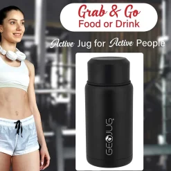 Brentwood Geojug Stainless Steel Double Walled Food Jar with Bowl & Folding Spoon, 25 oz., Black (FTS-750BK)