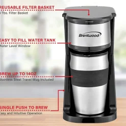 Brentwood Portable Single-Serve Coffee Maker with 14-Oz. Travel Mug, Black (TS-113BK)