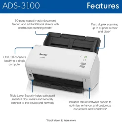 Brother ADS3100 Duplex Document Scanner, Black/White