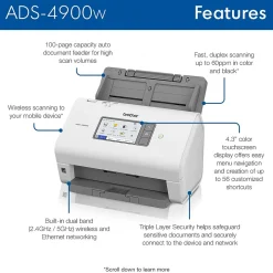 Brother ADS-4900W Duplex Document Scanner, White/Black