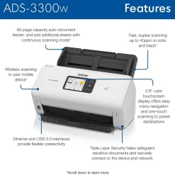 Brother ADS3300W Wireless Duplex Document Scanner, White/Black