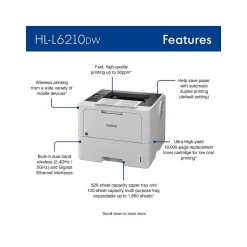 Brother HL‐L6210DW Business Monochrome Laser Printer, Large Paper Capacity, Wireless Networking