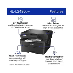 Brother HL-L2480DW Compact Wireless Black & White Laser Printer, Copy & Scan, Refresh Subscription Ready